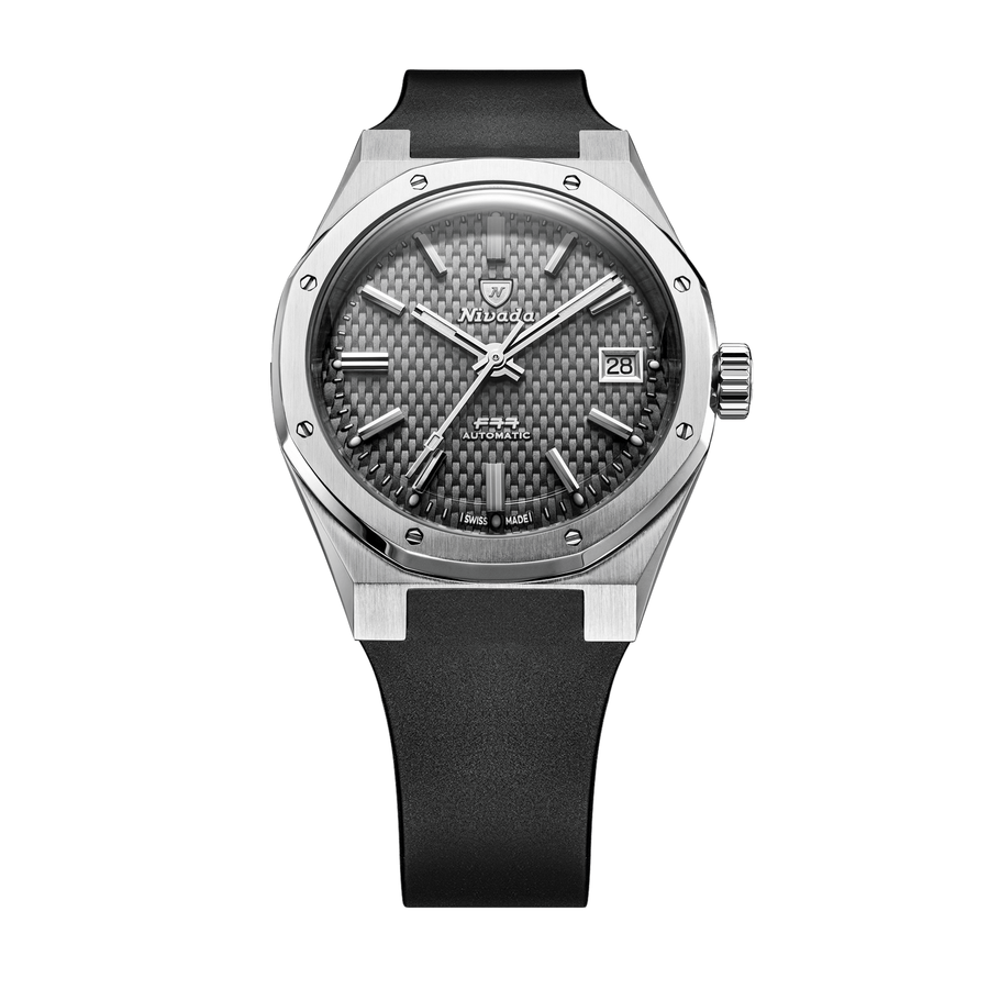 Nivada Grenchen F77 SST Grey MK2 38mm 69012A77-DR - Kautschukarmband Schwarz Mit Datum