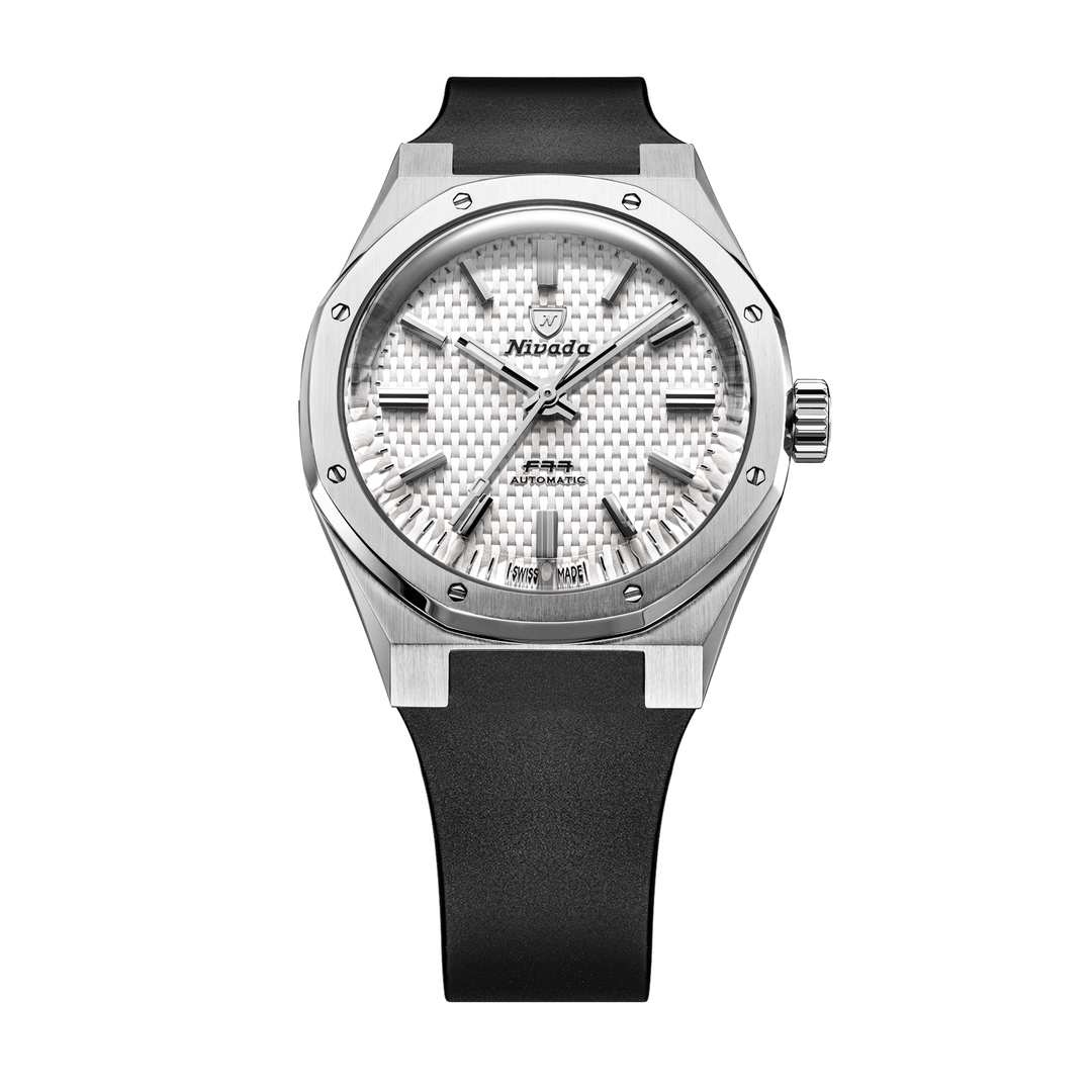 Nivada Grenchen F77 SST White MK2 38mm 68046A77-DR - Kautschukarmband Schwarz Ohne Datum