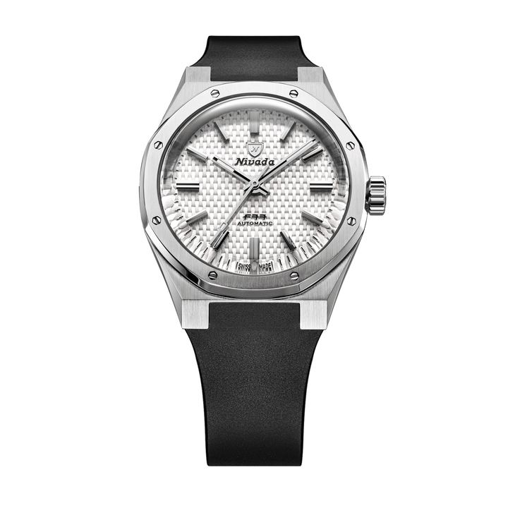 Nivada Grenchen F77 SST White MK2 38mm 68046A77-DR - Kautschukarmband Schwarz Ohne Datum