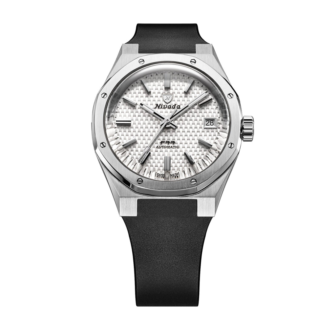 Nivada Grenchen F77 SST White MK2 38mm 69014A77-DR - Kautschukarmband Schwarz Mit Datum
