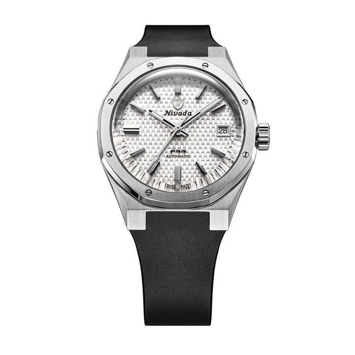 Nivada Grenchen F77 SST White MK2 38mm 69014A77-DR - Kautschukarmband Schwarz Mit Datum