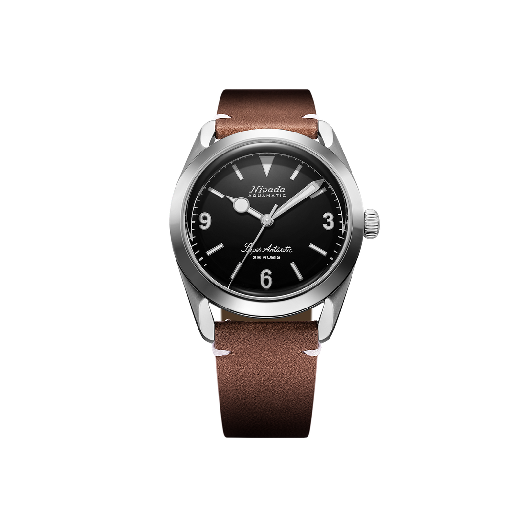 Nivada Grenchen Super Antarctic 3.6.9 Black 38mm 32039A14 - Lederarmband Braun weiße Naht