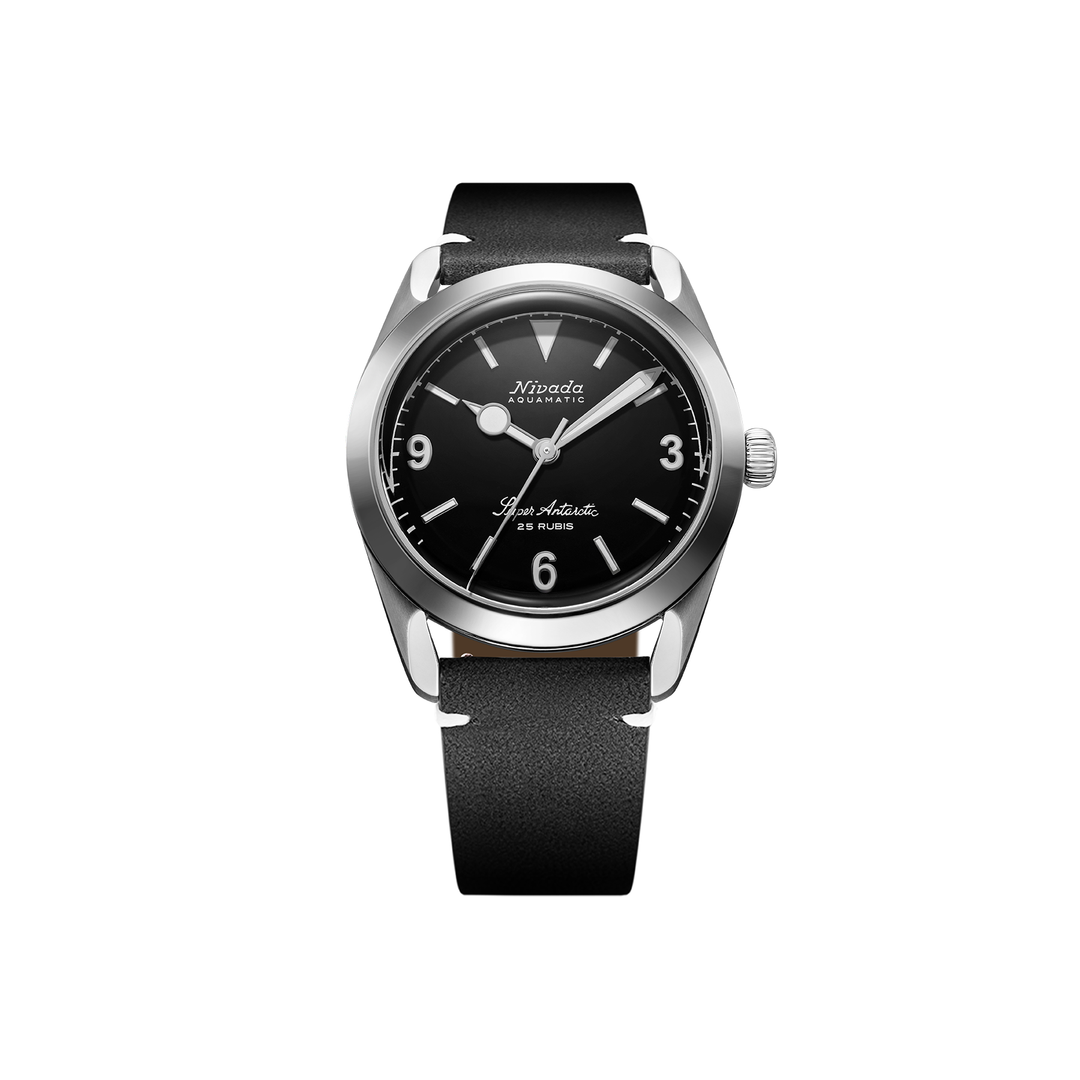 Nivada Grenchen Super Antarctic 3.6.9 Black 38mm 32039A15 - Lederarmband Schwarz weiße Naht