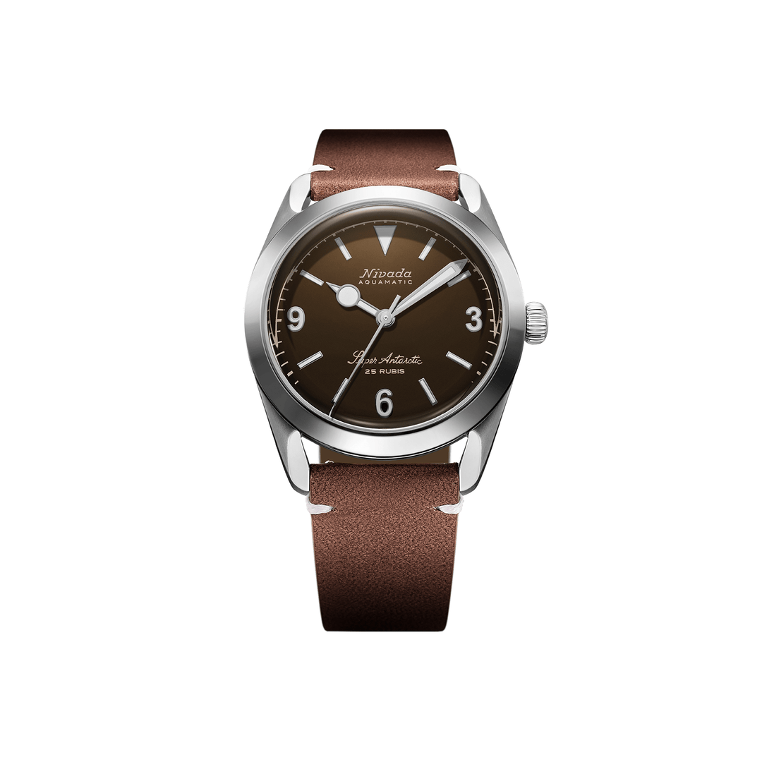 Nivada Grenchen Super Antarctic 3.6.9 Brown 38mm 32040A14 - Lederarmband Braun weiße Naht