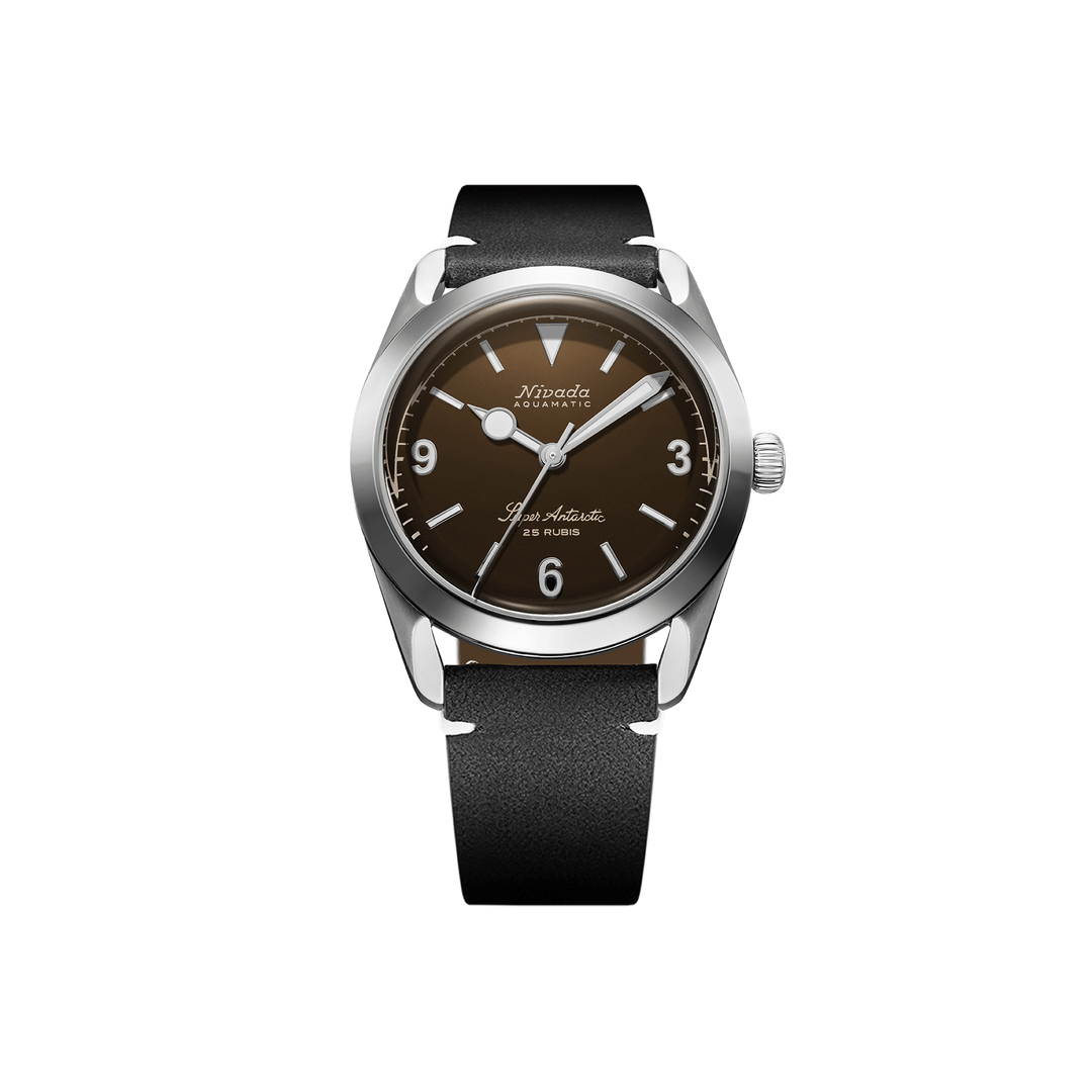 Nivada Grenchen Super Antarctic 3.6.9 Brown 38mm 32040A15 - Lederarmband Schwarz weiße Naht