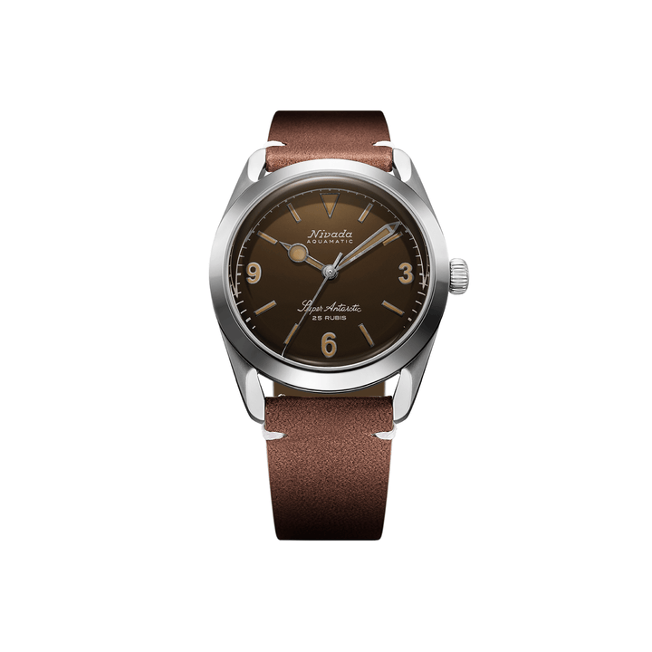 Nivada Grenchen Super Antarctic 3.6.9 Tropical 38mm 32031A14 - Lederarmband Braun weiße Naht