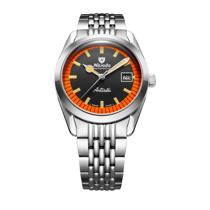 Nivada Grenchen Super Antarctic Black & Orange 38mm 32056A04 - Edelstahlarmband Beads of Rice