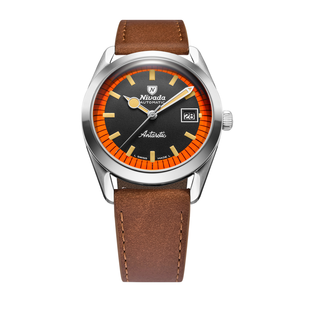 Nivada Grenchen Super Antarctic Black & Orange 38mm 32056A16 - Lederarmband Braun