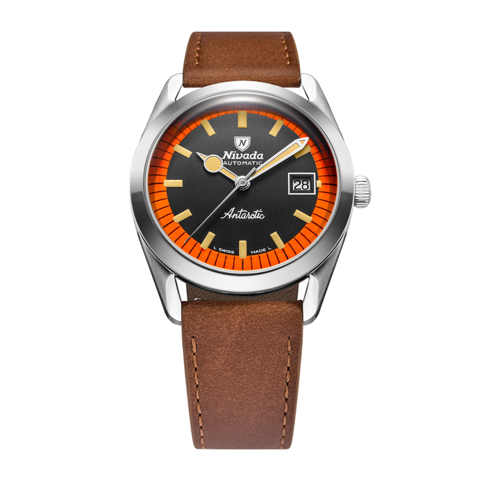 Nivada Grenchen Super Antarctic Black & Orange 38mm 32056A16 - Lederarmband Braun