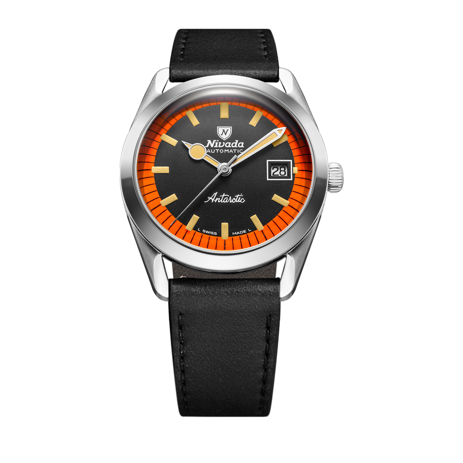 Nivada Grenchen Super Antarctic Black & Orange 38mm 32056A17 - Lederarmband Schwarz