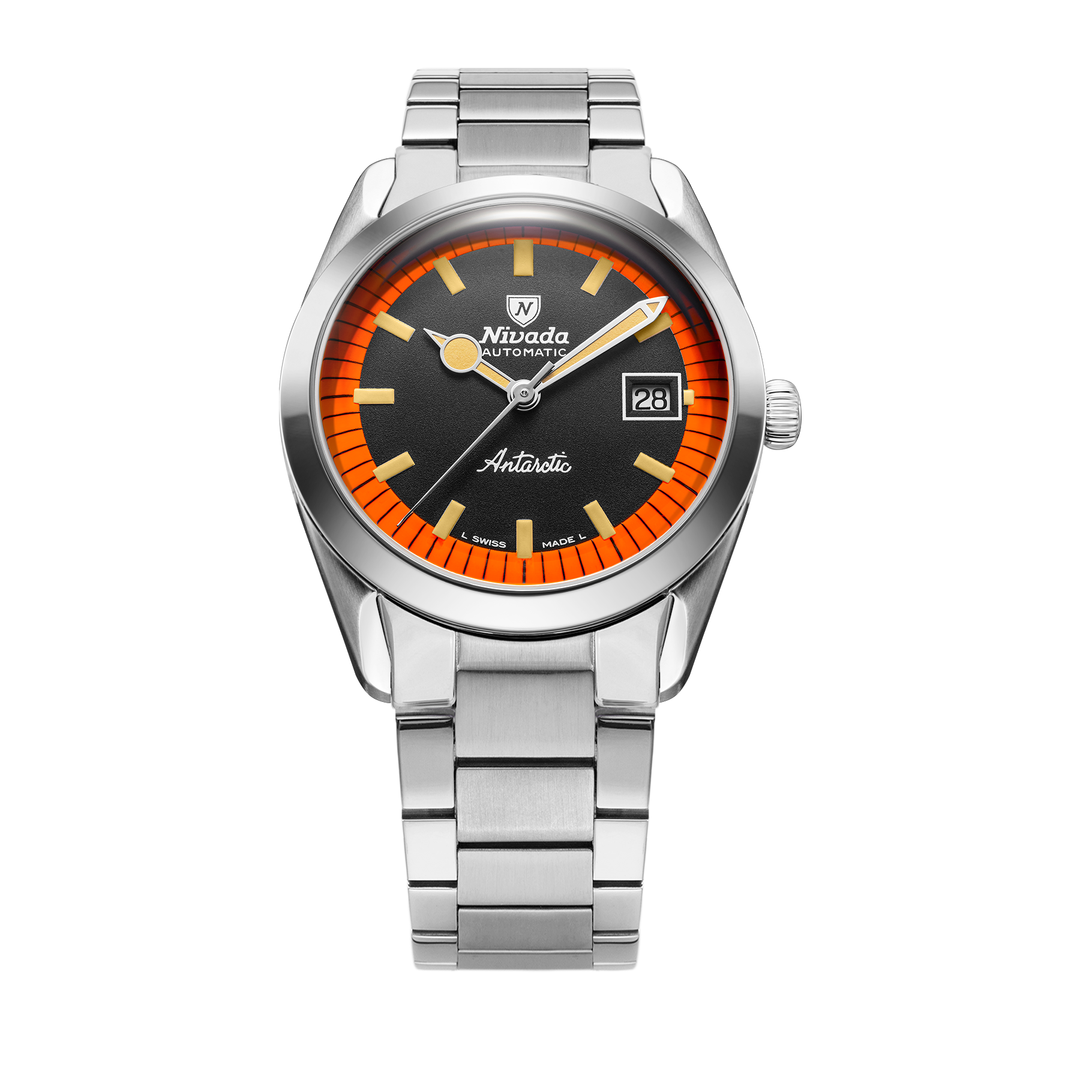 Nivada Grenchen Super Antarctic Black & Orange 38mm 32056A20 - Edelstahlarmband Flat Link
