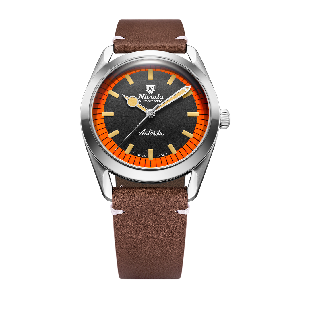 Nivada Grenchen Super Antarctic Black & Orange 38mm 32057A14 - Lederarmband Braun weiße Naht