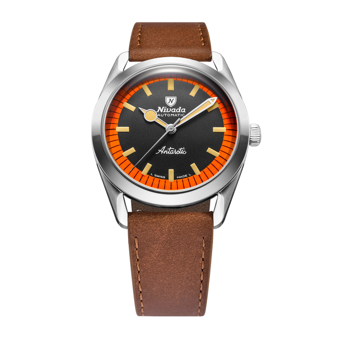 Nivada Grenchen Super Antarctic Black & Orange 38mm 32057A16 - Lederarmband Braun