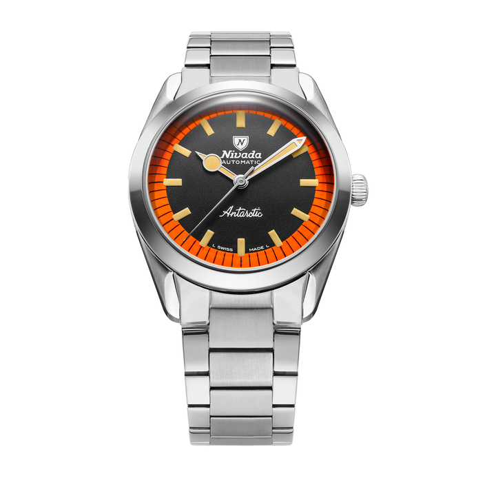 Nivada Grenchen Super Antarctic Black & Orange 38mm 32057A20 - Edelstahlarmband Flat Link