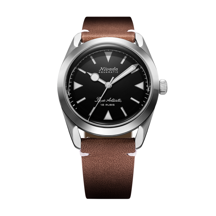 Nivada Grenchen Super Antarctic Black White Luminova 35mm 35014M14 - Lederarmband Braun weiße Naht