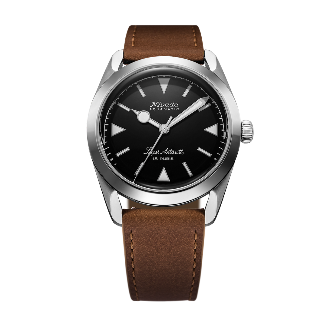 Nivada Grenchen Super Antarctic Black White Luminova 35mm 35014M16 - Lederarmband Braun