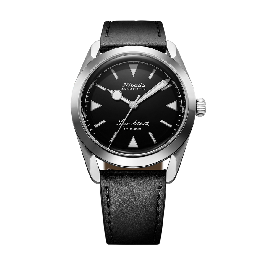 Nivada Grenchen Super Antarctic Black White Luminova 35mm 35014M17 - Lederarmband Schwarz