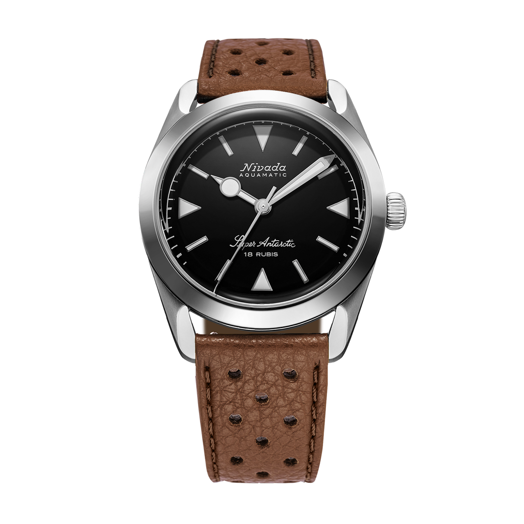 Nivada Grenchen Super Antarctic Black White Luminova 35mm 35014M41 - Racing-Armband Braun
