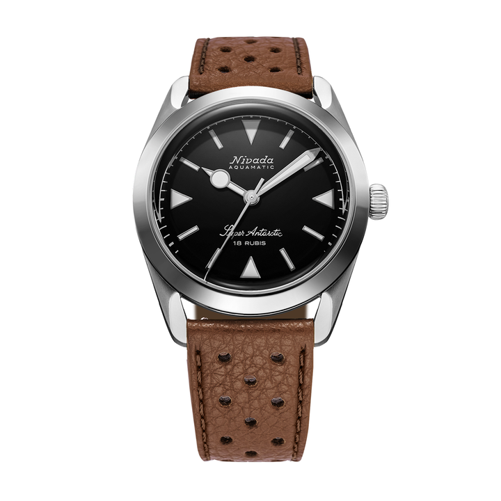 Nivada Grenchen Super Antarctic Black White Luminova 35mm 35014M41 - Racing-Armband Braun