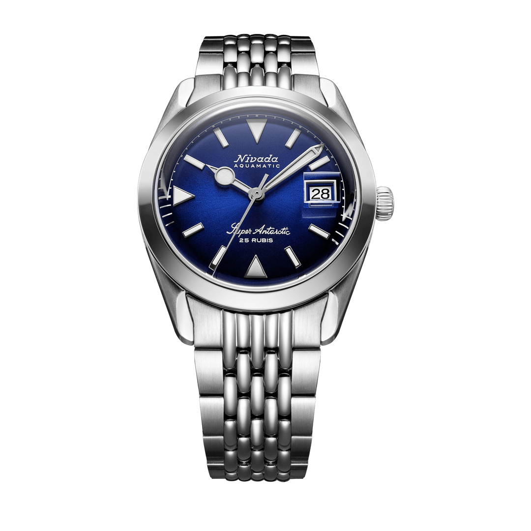 Nivada Grenchen Super Antarctic Blue 38mm 32076A04 - Edelstahlarmband Beads of Rice