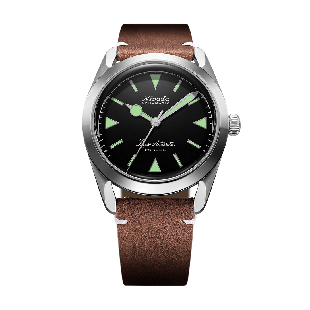 Nivada Grenchen Super Antarctic Green 38mm 32026A02 - Lederarmband Braun weiße Naht