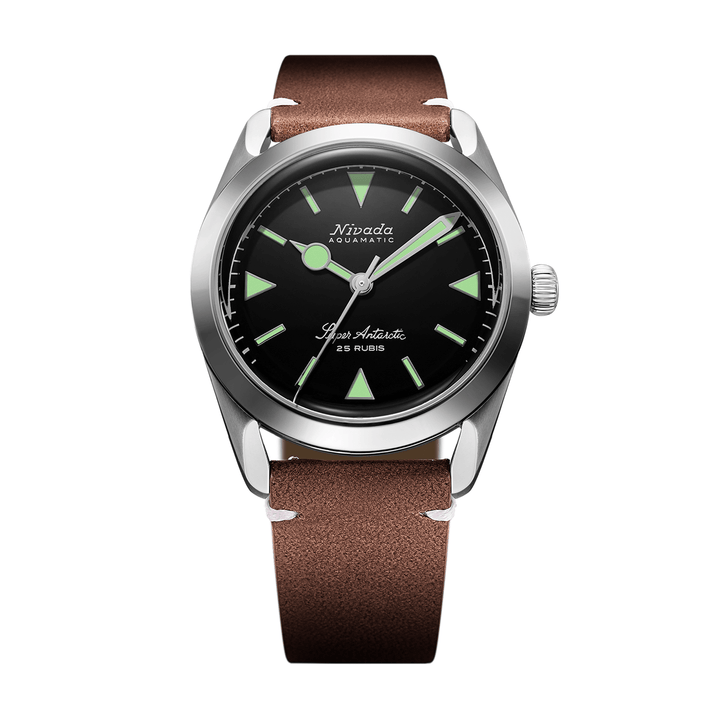 Nivada Grenchen Super Antarctic Green 38mm 32026A02 - Lederarmband Braun weiße Naht