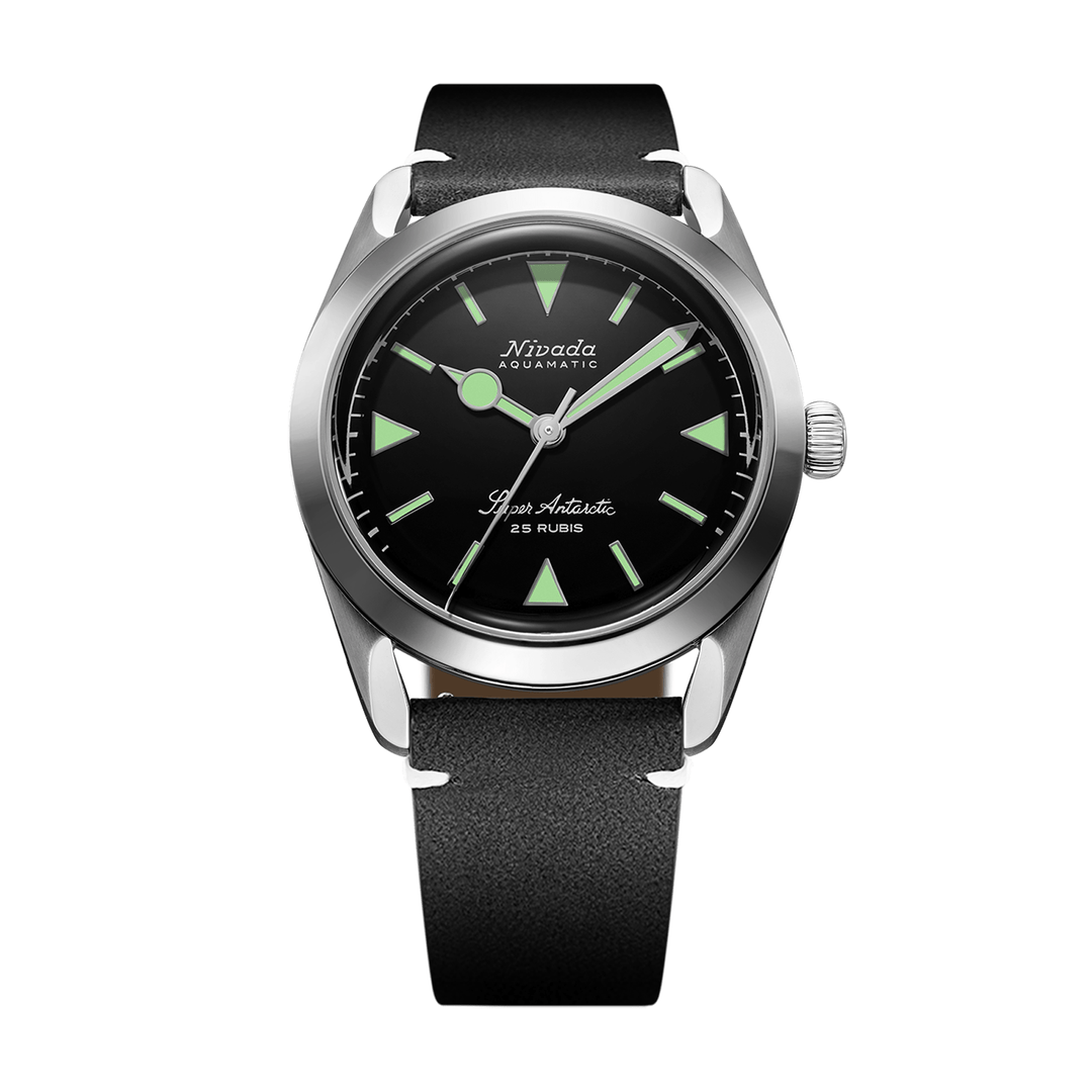 Nivada Grenchen Super Antarctic Green 38mm 32026A15 - Lederarmband Schwarz weiße Naht