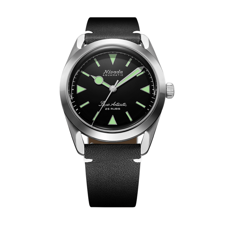 Nivada Grenchen Super Antarctic Green 38mm 32026A15 - Lederarmband Schwarz weiße Naht