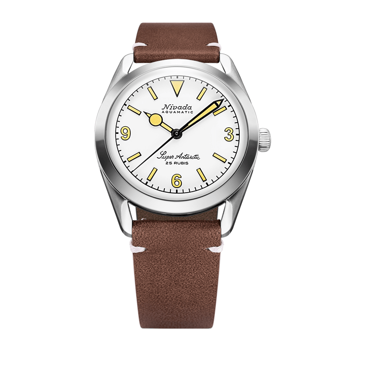 Nivada Grenchen Super Antarctic White 3.6.9 Cream Dial 38mm 32066A14 - Lederarmband Braun weiße Naht