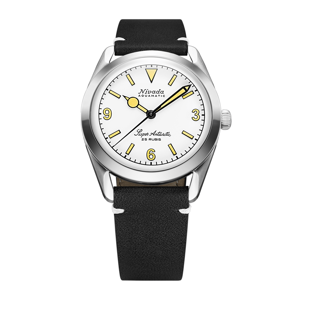 Nivada Grenchen Super Antarctic White 3.6.9 Cream Dial 38mm 32066A15 - Lederarmband Schwarz weiße Naht
