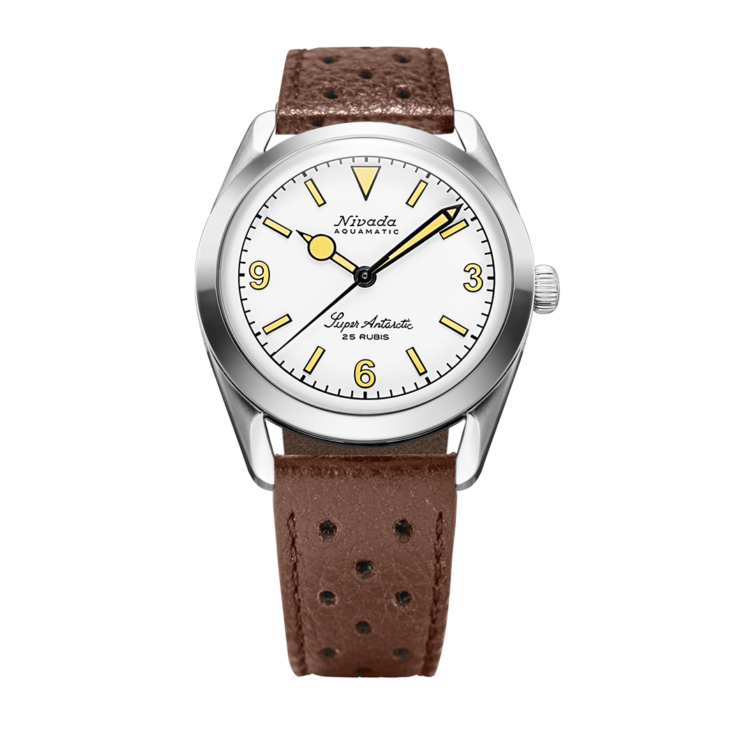 Nivada Grenchen Super Antarctic White 3.6.9 Cream Dial 38mm 32066A23 - Racing-Armband Braun