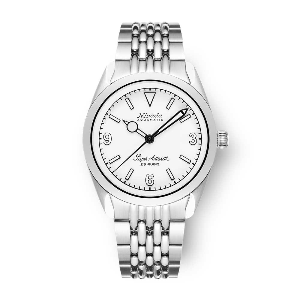Nivada Grenchen Super Antarctic White 3.6.9 White Luminova 38mm 32067A04 - Edelstahlarmband Beads of Rice