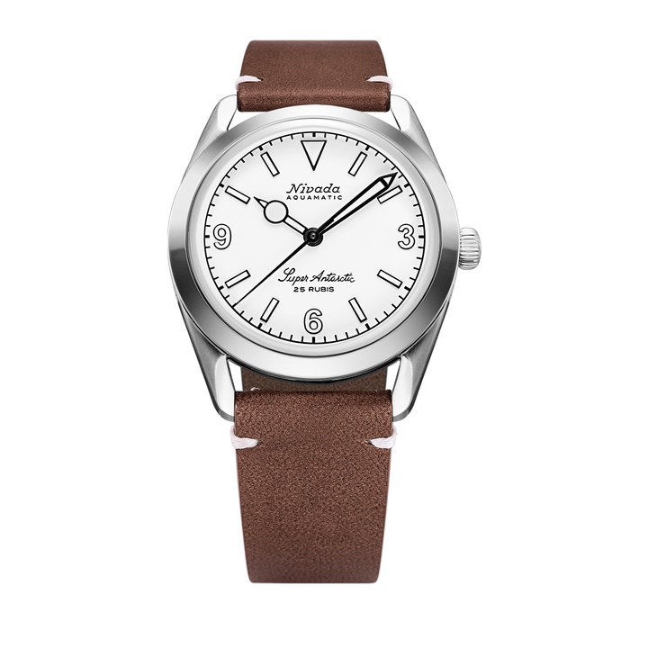 Nivada Grenchen Super Antarctic White 3.6.9 White Luminova 38mm 32067A14 - Lederarmband Braun weiße Naht