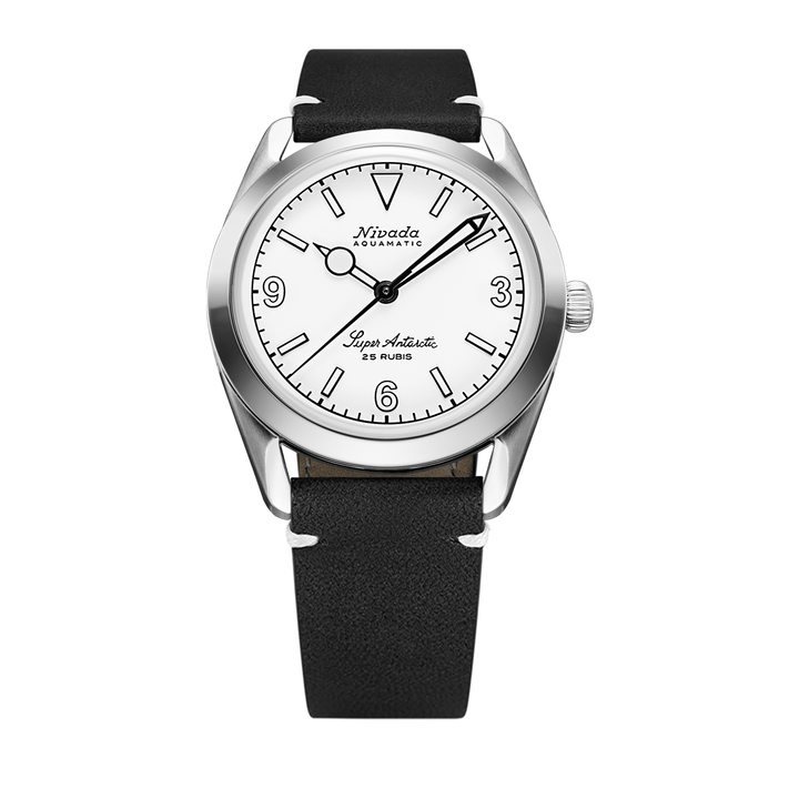 Nivada Grenchen Super Antarctic White 3.6.9 White Luminova 38mm 32067A15 - Lederarmband Schwarz weiße Naht