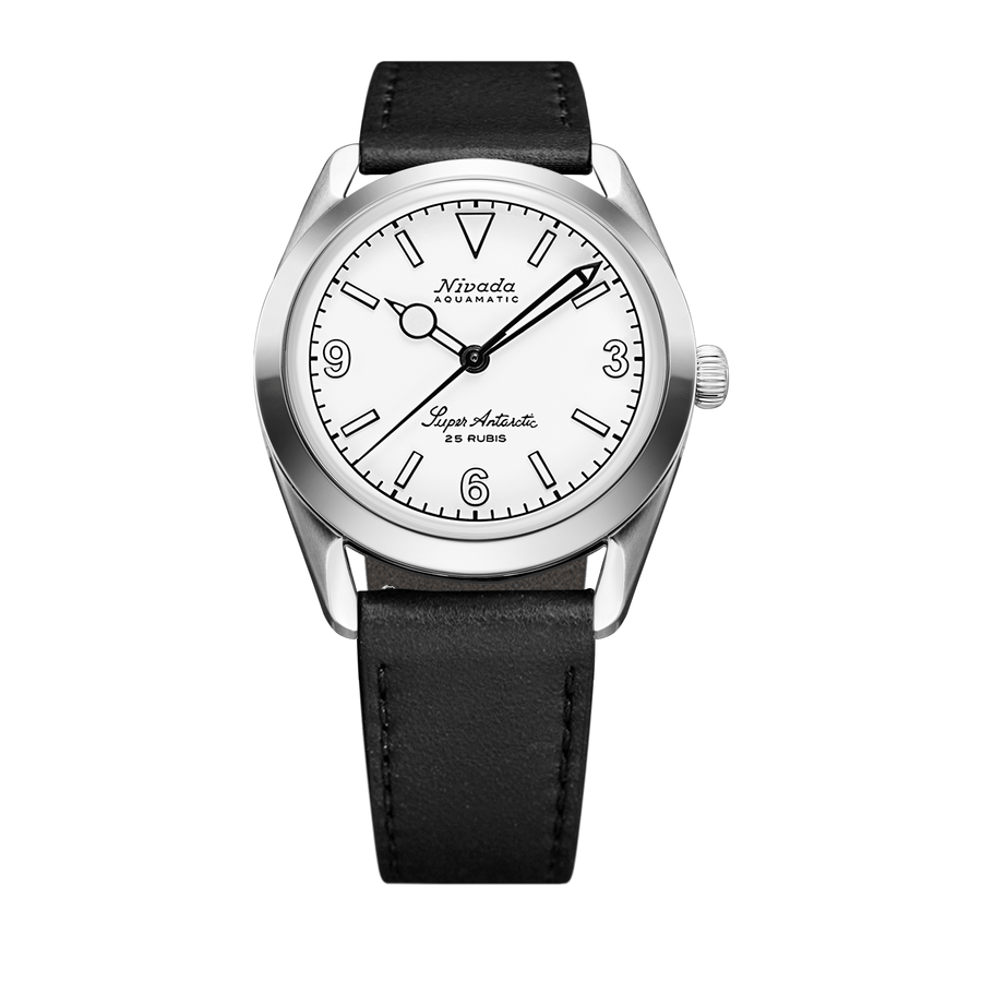 Nivada Grenchen Super Antarctic White 3.6.9 White Luminova 38mm 32067A17 - Lederarmband Schwarz