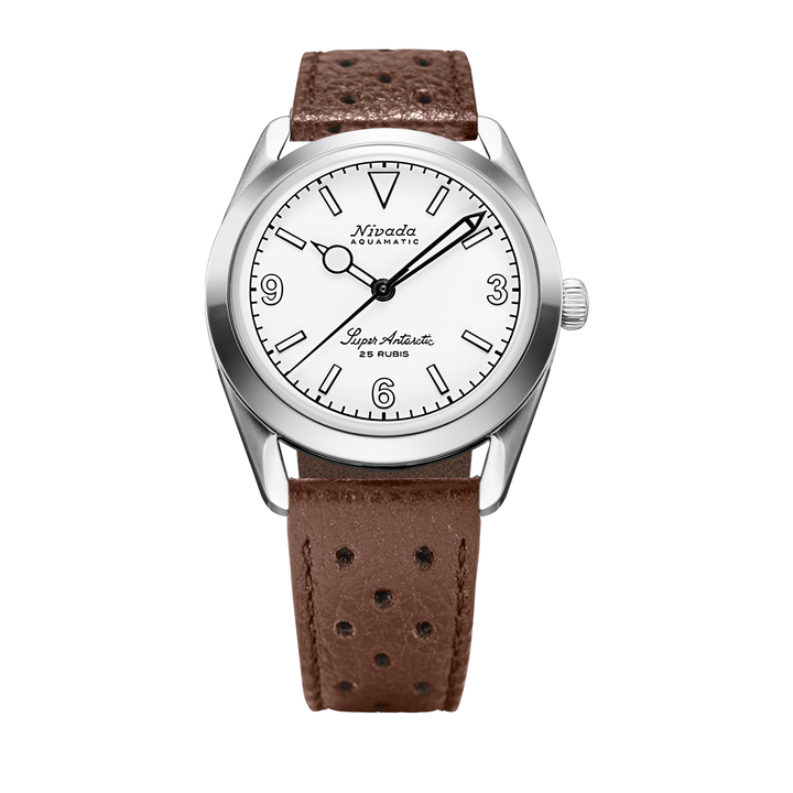 Nivada Grenchen Super Antarctic White 3.6.9 White Luminova 38mm 32067A23 - Racing-Armband Braun