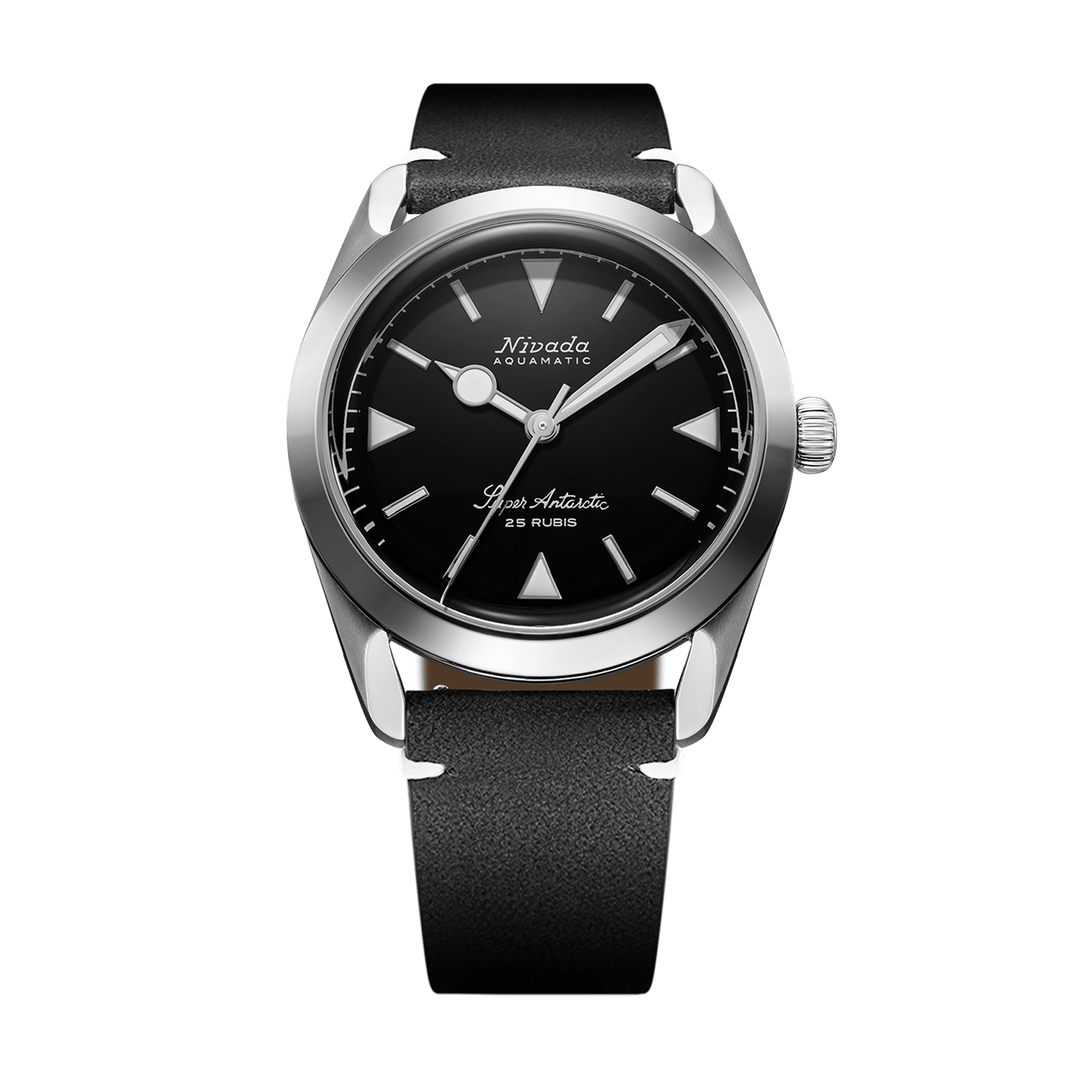 Nivada Grenchen Super Antarctic White 38mm 32025A15 - Lederarmband Schwarz weiße Naht