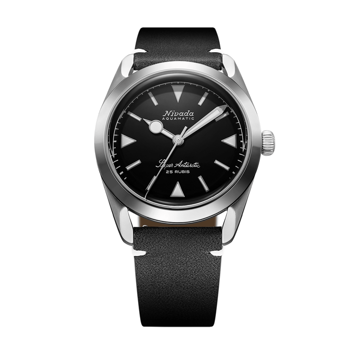 Nivada Grenchen Super Antarctic White 38mm 32025A15 - Lederarmband Schwarz weiße Naht