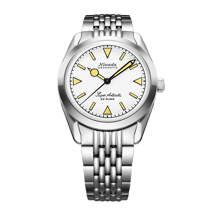 Nivada Grenchen Super Antarctic White Beige Luminova 38mm 32064A04 - Edelstahlarmband Beads of Rice