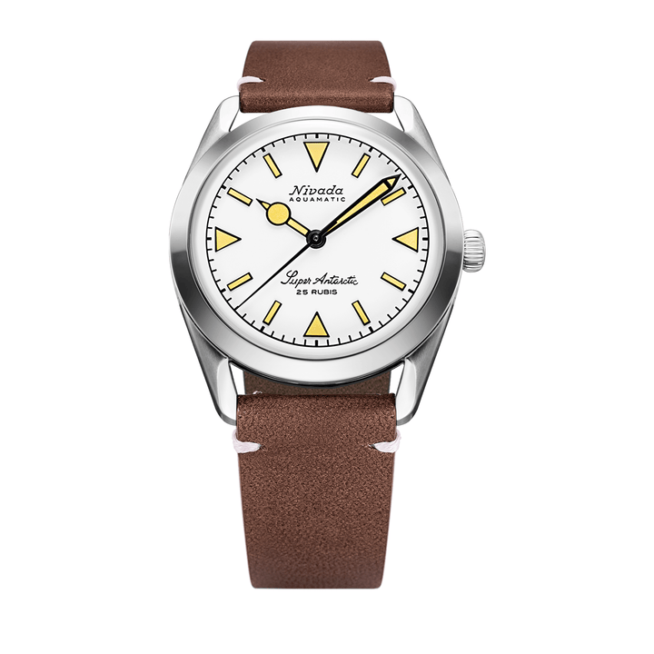 Nivada Grenchen Super Antarctic White Beige Luminova 38mm 32064A14 - Lederarmband Braun weiße Naht