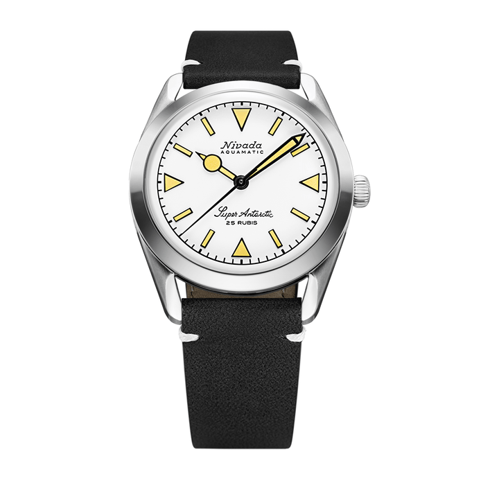 Nivada Grenchen Super Antarctic White Beige Luminova 38mm 32064A15 - Lederarmband Schwarz weiße Naht
