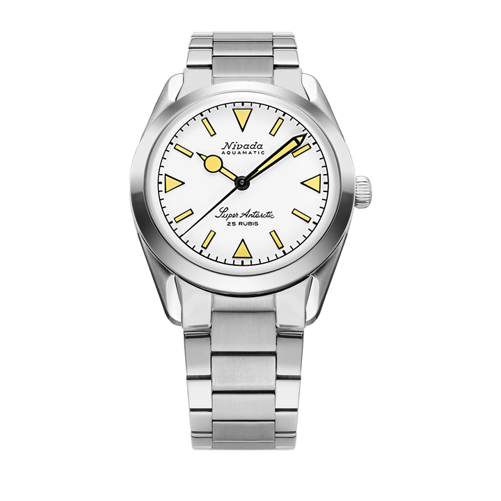 Nivada Grenchen Super Antarctic White Beige Luminova 38mm 32064A20 - Edelstahlarmband Flat Link