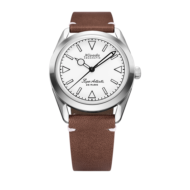 Nivada Grenchen Super Antarctic White Luminous 38mm 32065A14 - Lederarmband Braun weiße Naht
