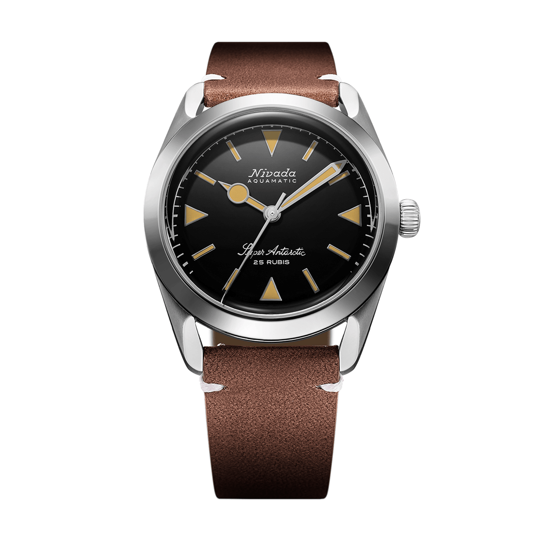 Nivada Grenchen Super Antarctic Yellow 38mm 32024A02 - Lederarmband Braun weiße Naht