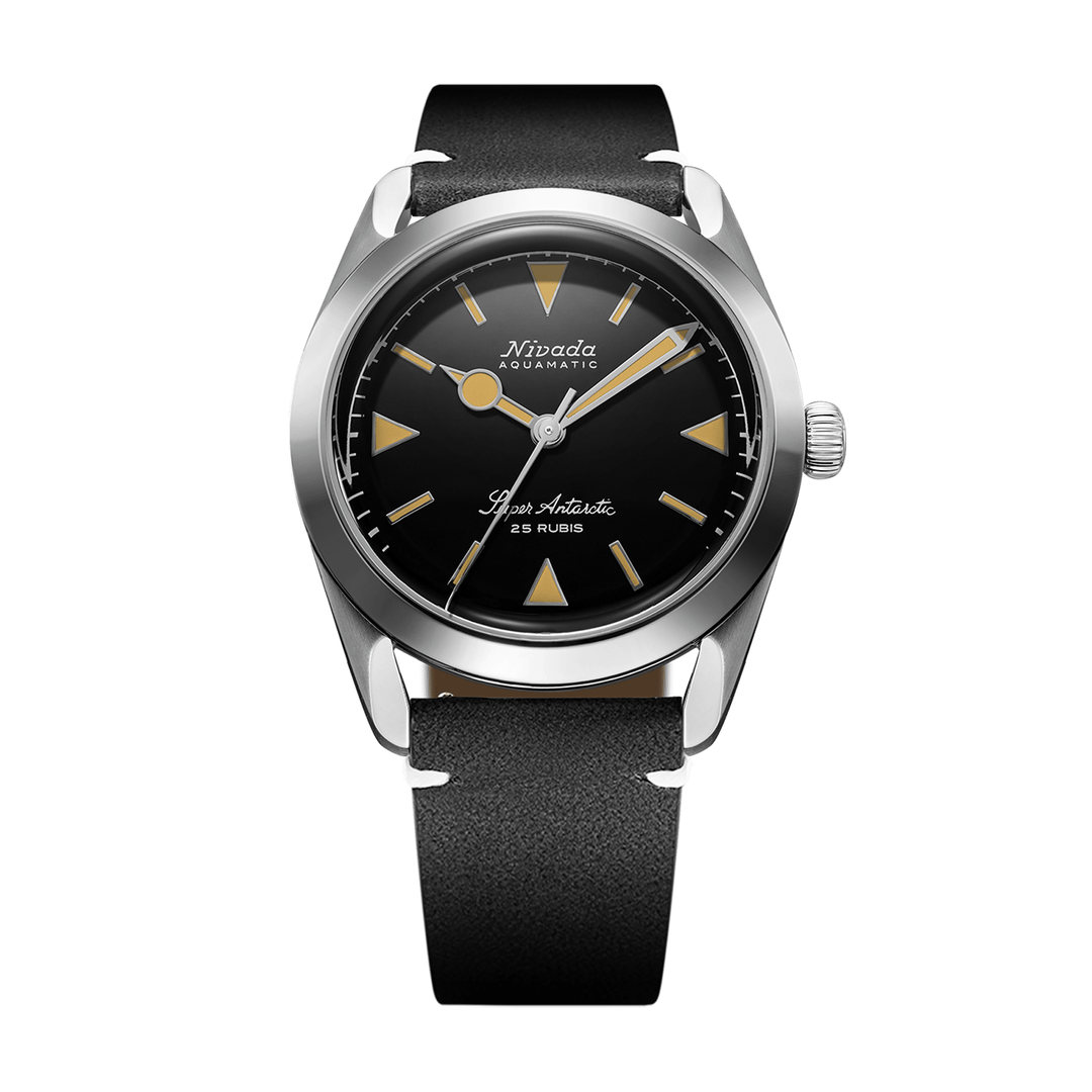 Nivada Grenchen Super Antarctic Yellow 38mm 32024A15 - Lederarmband Schwarz weiße Naht