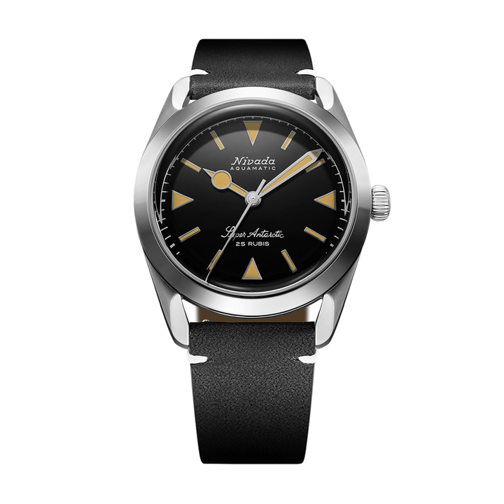 Nivada Grenchen Super Antarctic Yellow 38mm 32024A15 - Lederarmband Schwarz weiße Naht