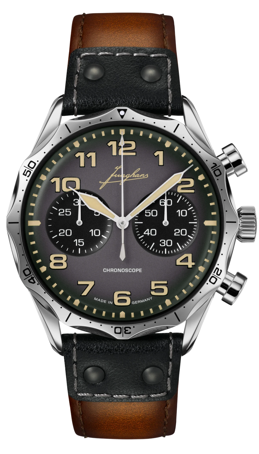 Junghans Pilot Chronoscope 43,3mm 27/3493.00 - Zifferblatt Dunkelgrau, Armband Leder