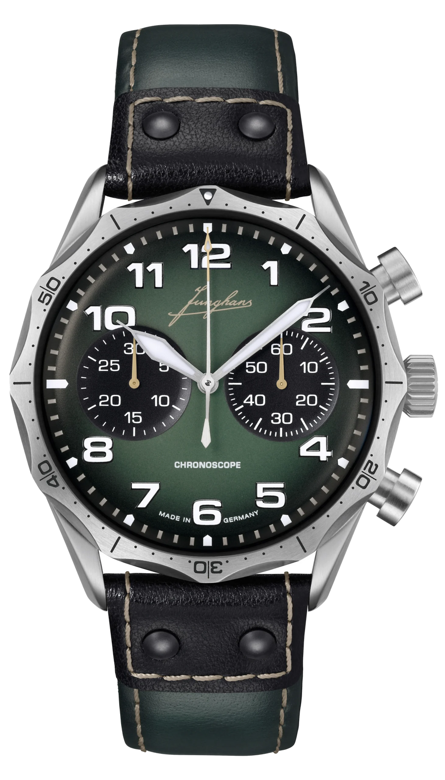 Junghans Pilot Chronoscope 43,3mm 27/3492.00 - Zifferblatt Dunkelgrün, Armband Leder