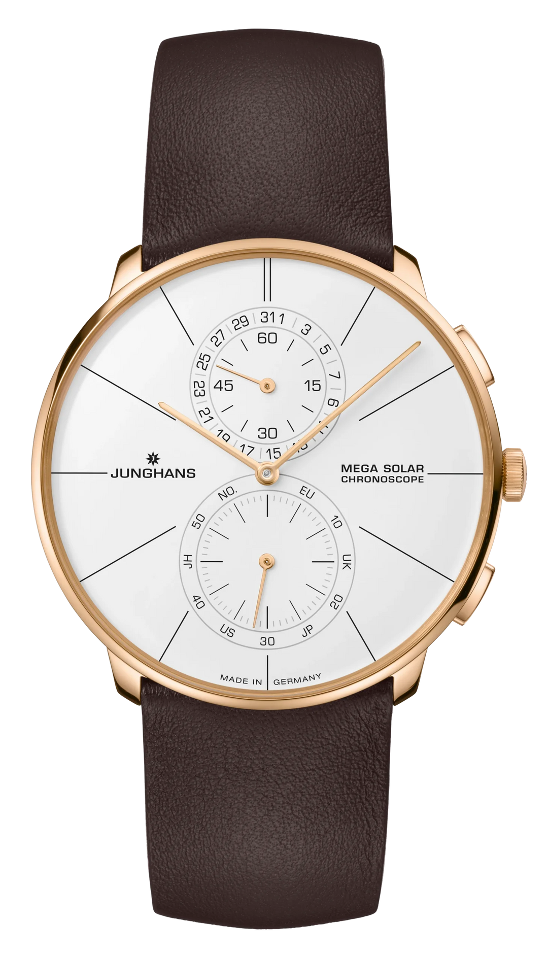Junghans Meister fein Chronoscope MEGA Solar 39,5mm 59/7201.00 - Zifferblatt Weiß, Armband Leder