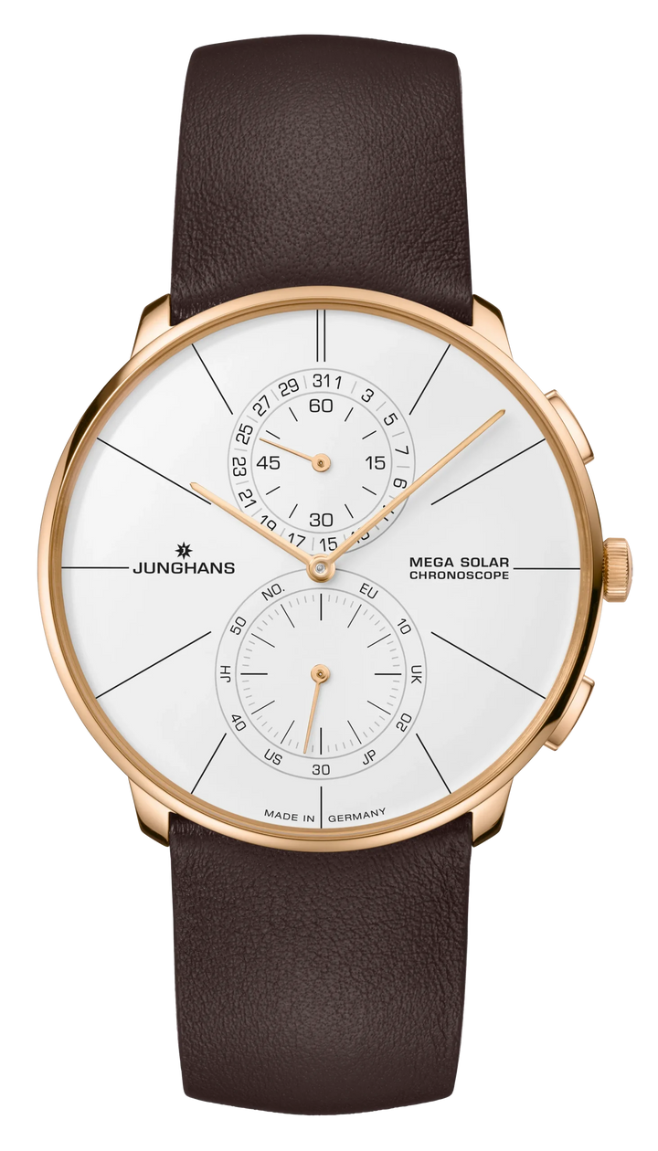 Junghans Meister fein Chronoscope MEGA Solar 39,5mm 59/7201.00 - Zifferblatt Weiß, Armband Leder